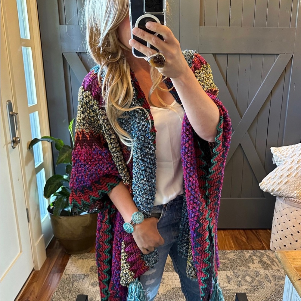 New Bohemian Loom Moroccan Knit Tasseled Handmade Poncho Cardigan Sweater - Picture 2 of 10